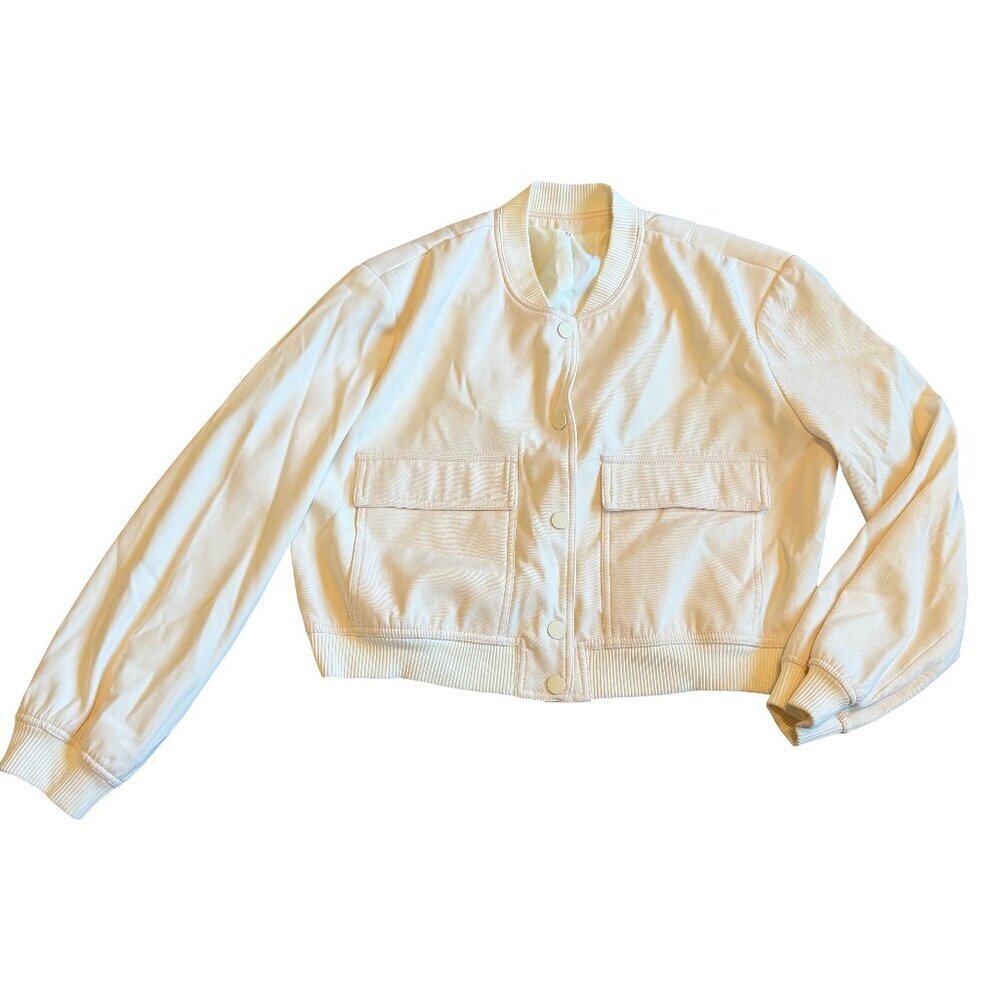 Amazon Cream Neutral Snap-Down Bomber Jacket Monochrome Classic Size 12 Women's